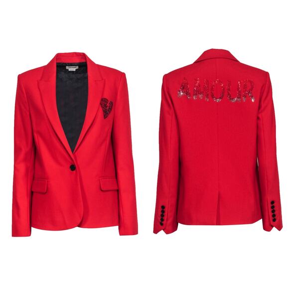 Zadig & Voltaire Victor Bis Amour Heart Red Black Embellished Blazer 36 Small - Picture 12 of 12